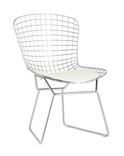 Стул обеденный Bertoia хромированный с белой подушкой (Стул кухонный Bertoia серебристый)